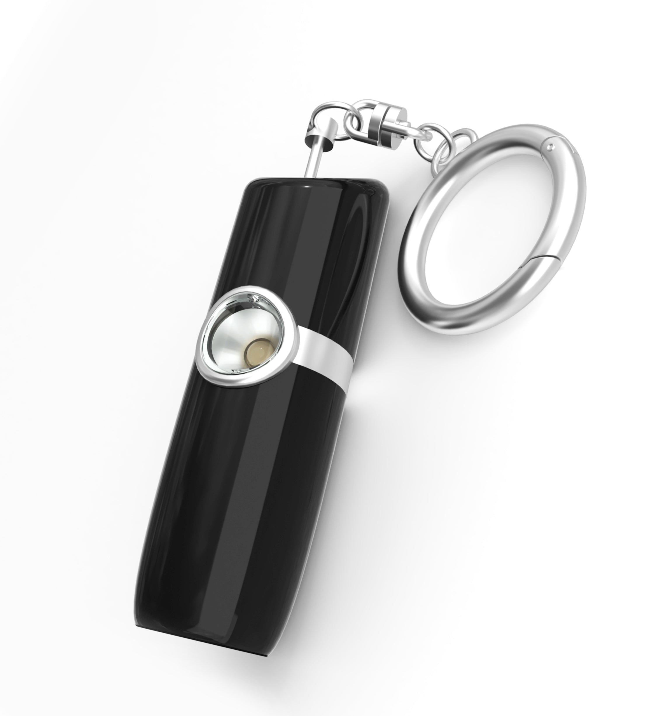 SecurityMan personal safety alarm close-up showing LED flashlight pull-pin activation and keyring attachment on black compact body