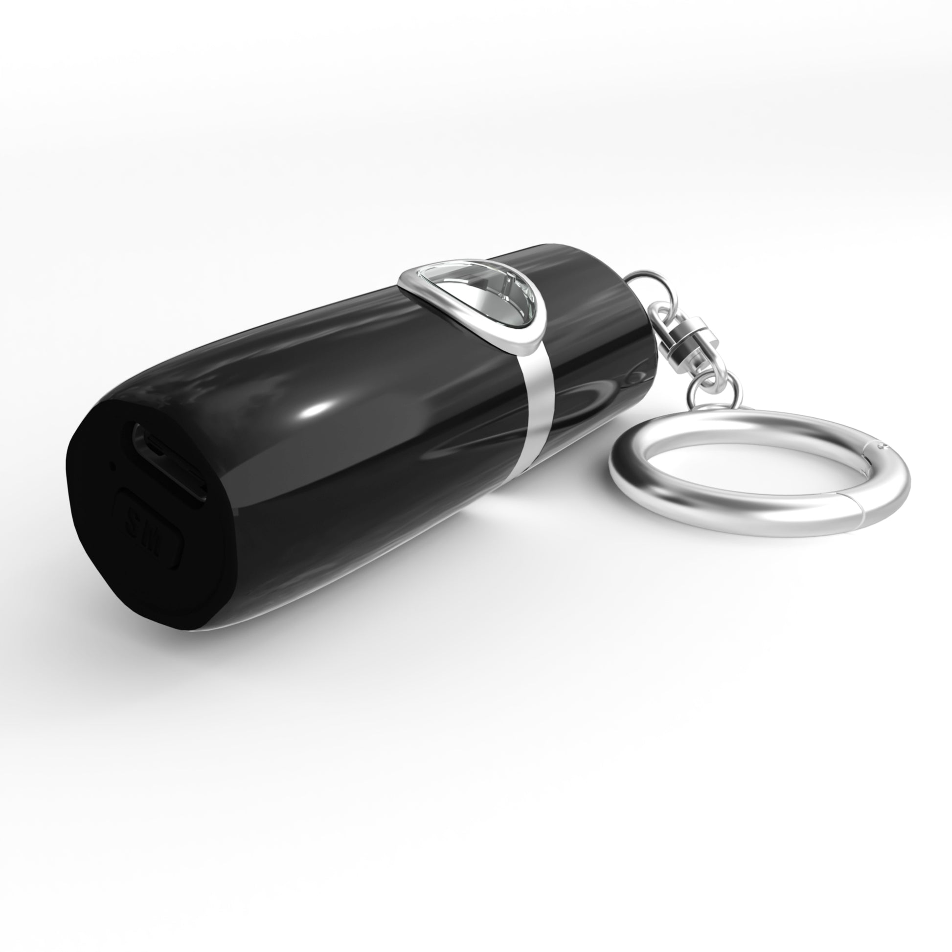 SecurityMan personal safety alarm side view in black with chrome accent ring keychain attachment and pull-pin activation mechanism