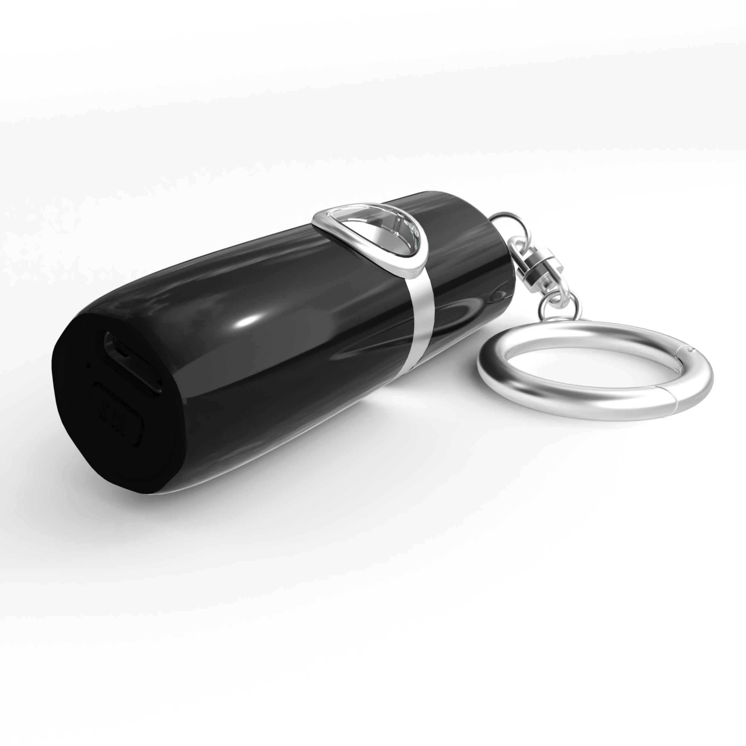 SecurityMan personal safety alarm side view in black with chrome accent ring keychain attachment and pull-pin activation mechanism