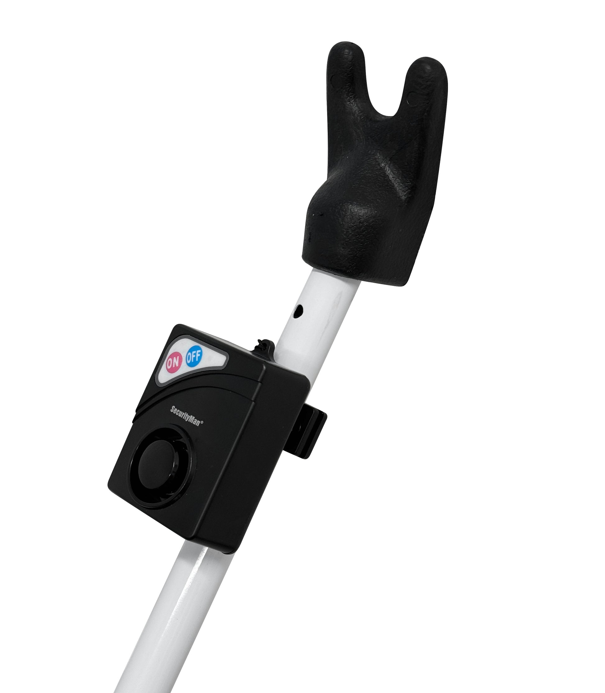 Close-up of SecurityMan door security bar alarm module showing ON OFF switch rubber door grip and 120dB vibration sensor