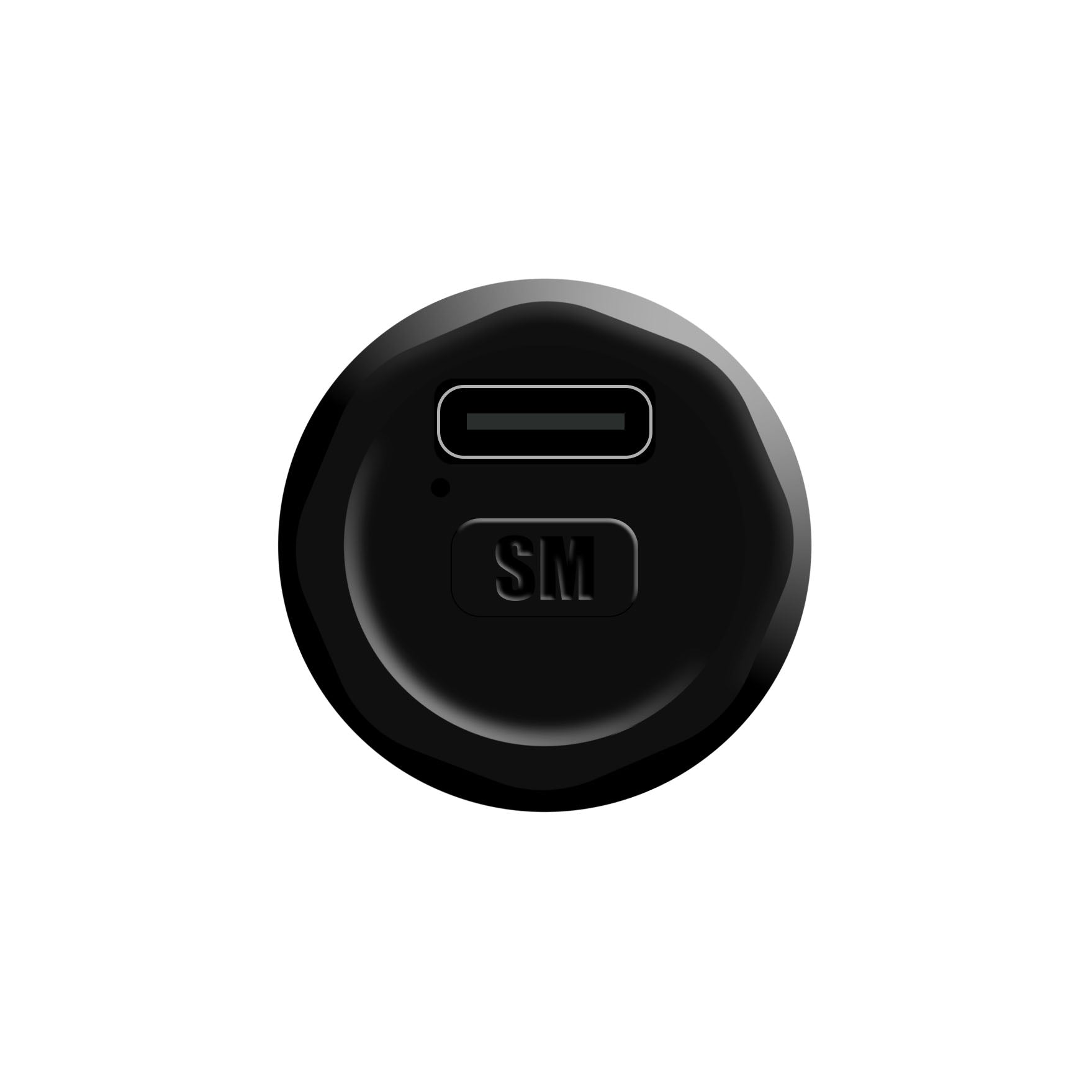 SecurityMan personal safety alarm top view showing USB-C charging port and SM logo on black circular body