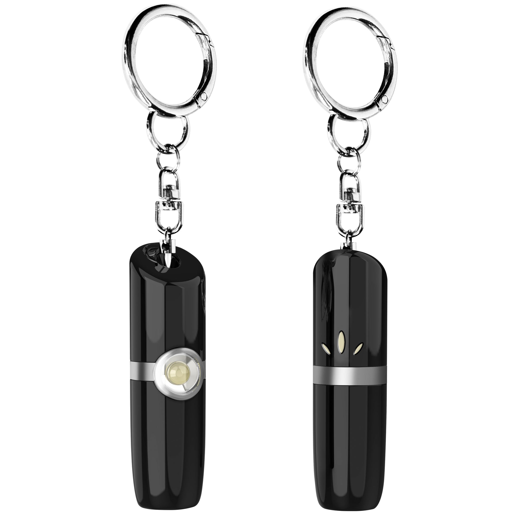 SecurityMan personal safety alarm front and back view showing LED flashlight and 130dB siren speaker with keychain clips in black