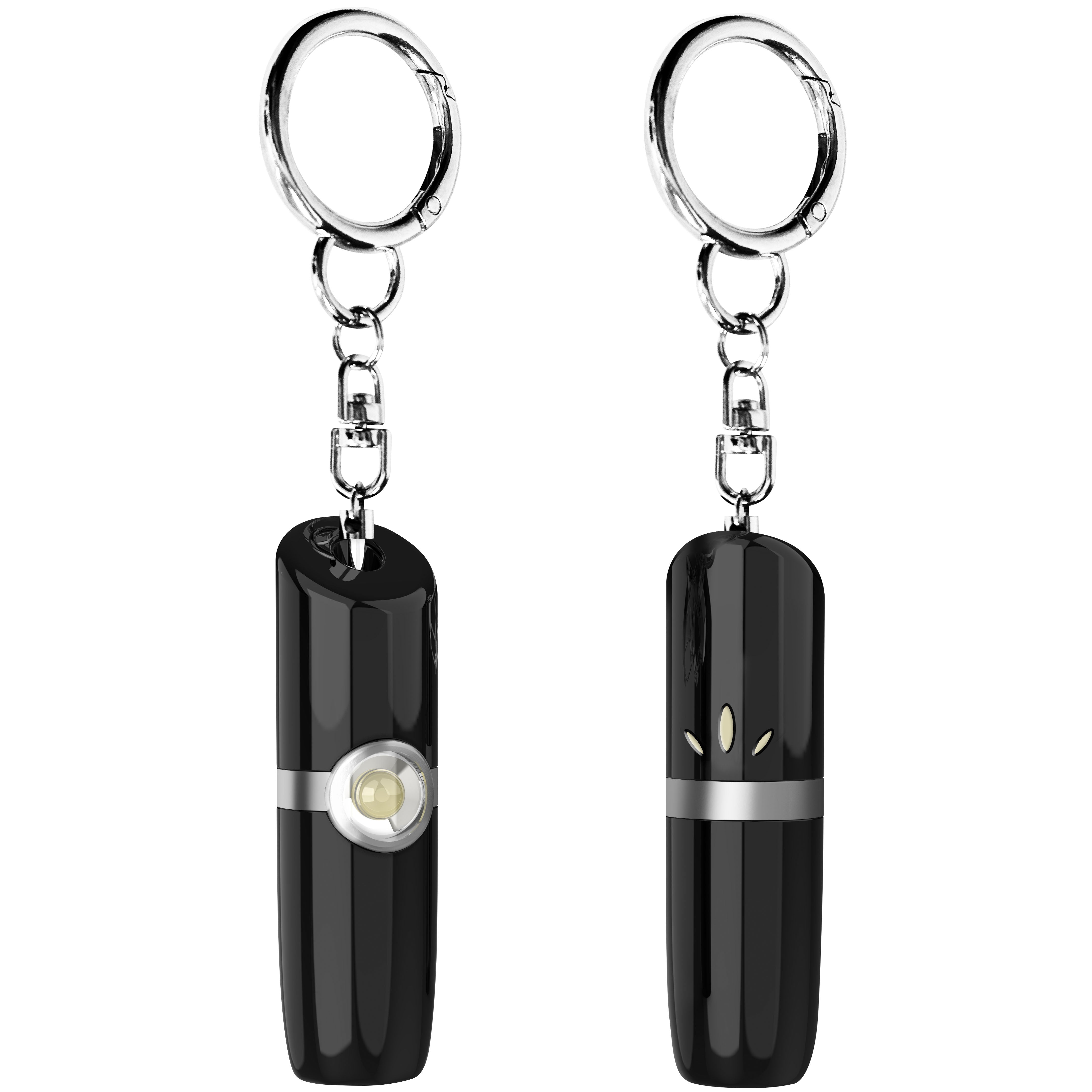 SecurityMan personal safety alarm front and back view showing LED flashlight and 130dB siren speaker with keychain clips in black