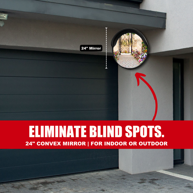 SecurityMan 24-inch convex mirror installed next to garage door to eliminate blind spots for indoor or outdoor use
